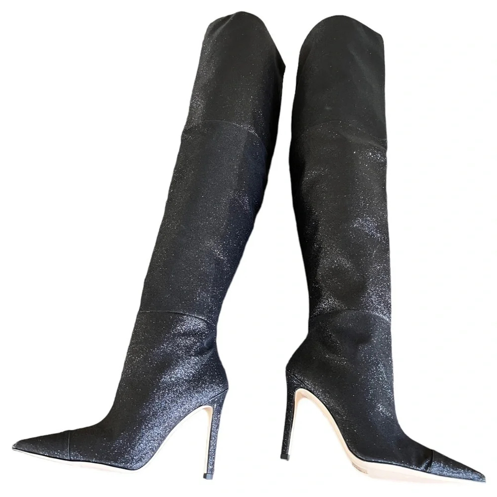 NWOT GOOD AMERICAN Slouchy Over The Knee Boots Black Glitter 5.5
